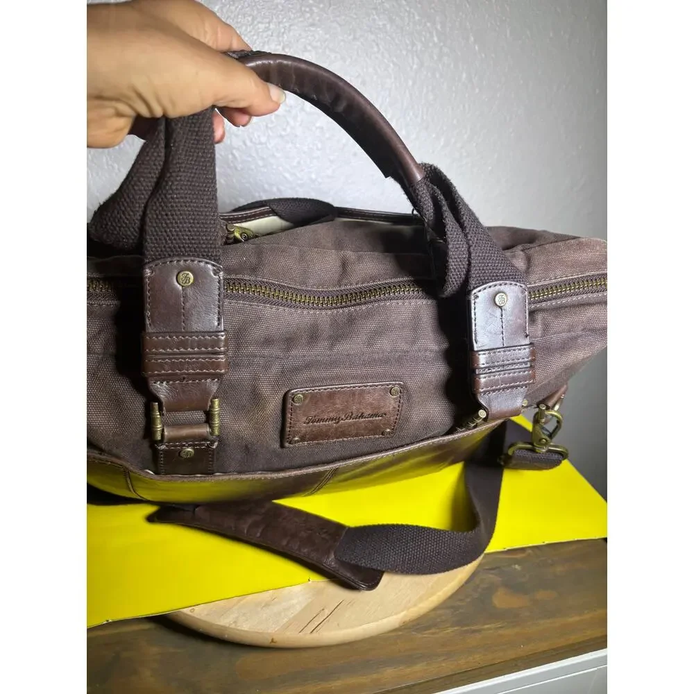 Tommy Bahama Tobago Briefcase Laptop Bag Canvas & Leather Carry Strap Map Lining